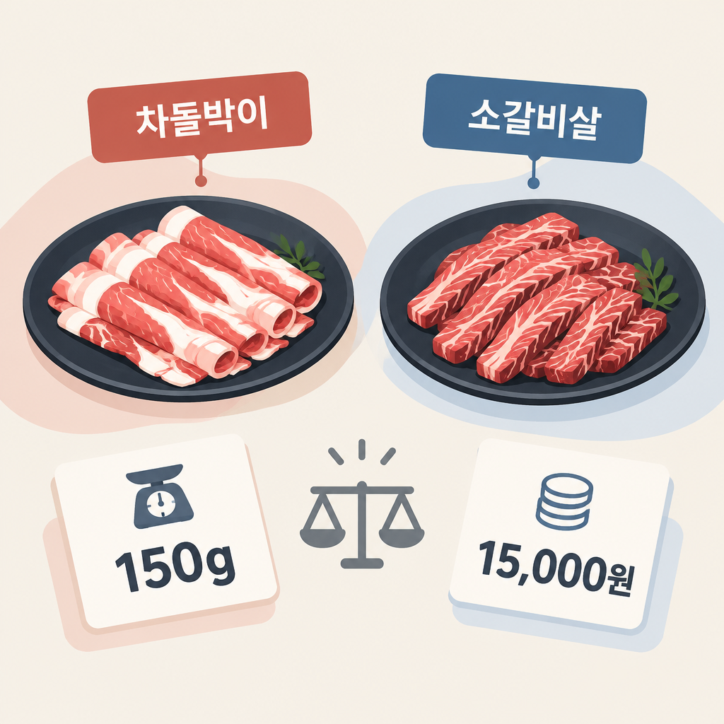 AI 생성 설명 이미지: 안산일동고기집 유니드정육식당 | 차돌박이와 소갈비살의 중량·가격 비교