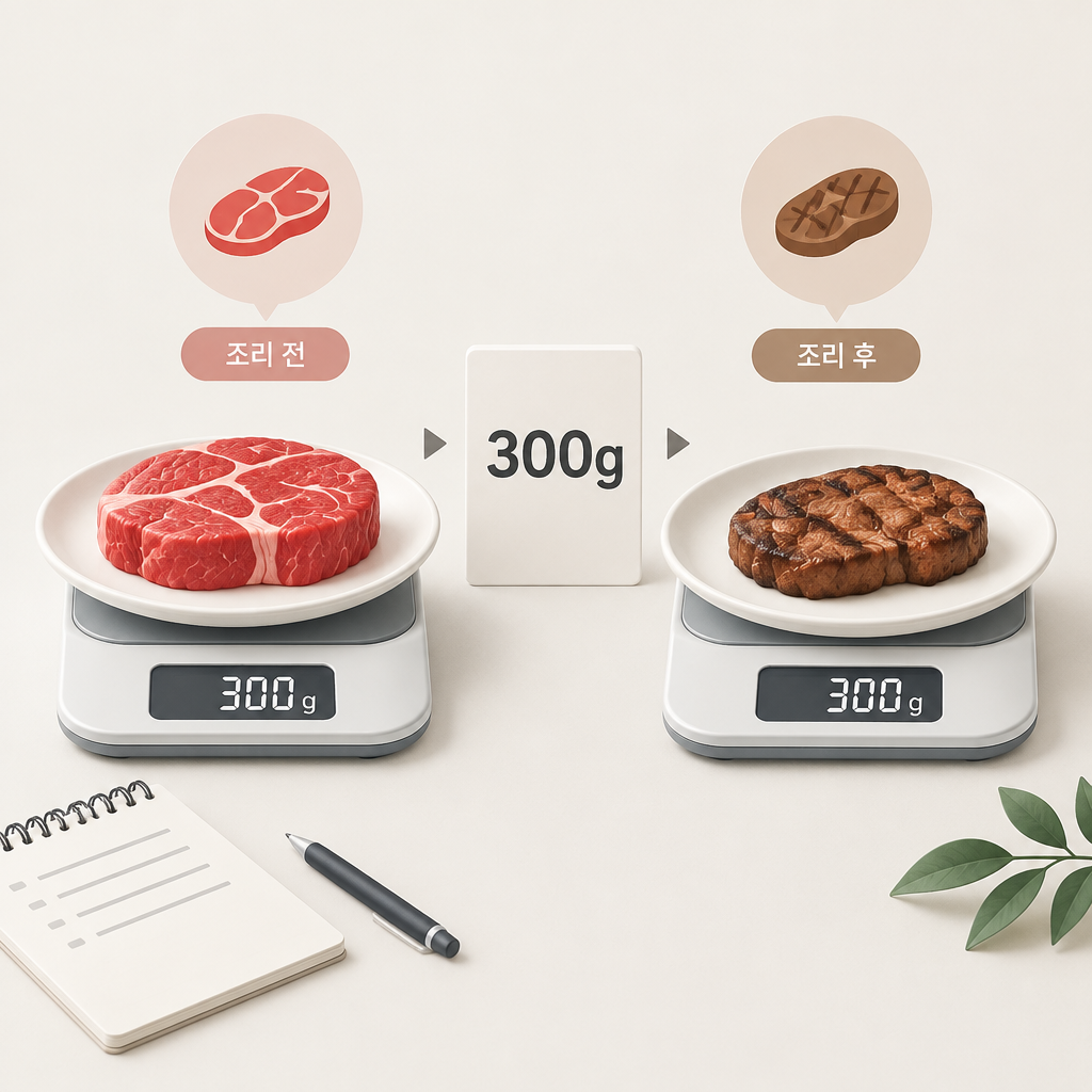 AI 생성 설명 이미지: 안산일동고기집 유니드정육식당 | 메뉴의 300g, 조리 전후 기준 확인하기