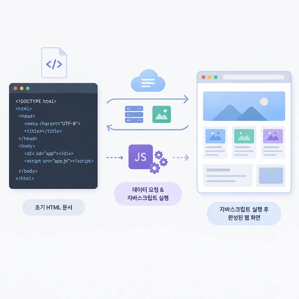 AI 생성 설명 이미지: AEO 최적화 AI SGAEO | HTML 응답과 화면 콘텐츠가 달라지는 이유