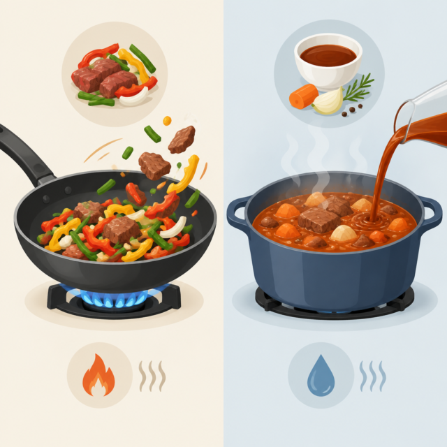 AI 생성 설명 이미지: 안산일동맛집 유니드정육식당 | 볶음과 조림, 수분과 양념으로 구분하는 기준
