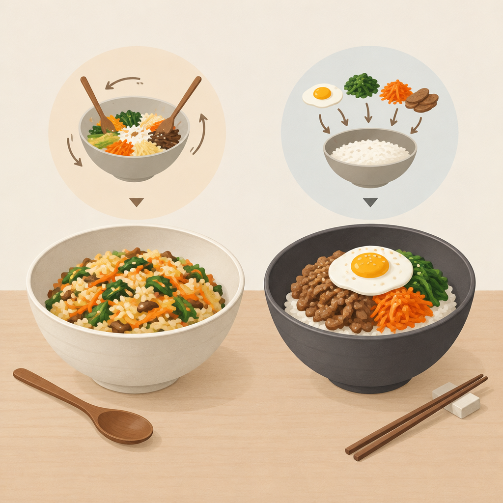 AI 생성 설명 이미지: 안산일동맛집 유니드정육식당 | 비빔밥과 덮밥, 담는 방식과 먹는 법의 차이